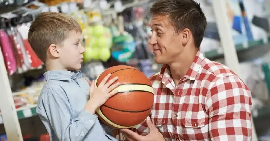 A dad and son shop for a basketball that evolved from white label sporting goods.