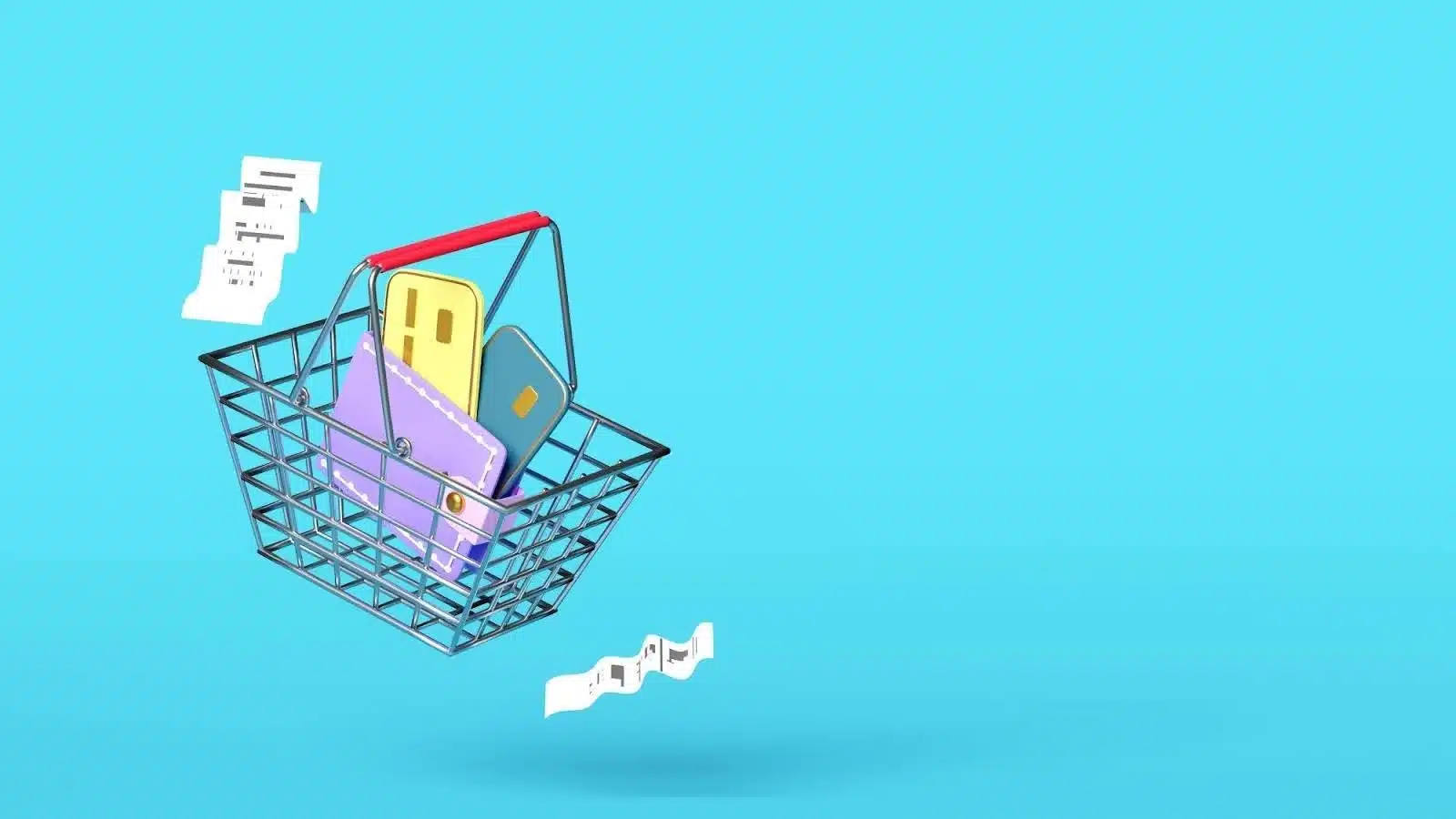 Floating shopping basket with colorful cards, a wallet, and receipts symbolizing Shopify Product purchases and digital checkout.