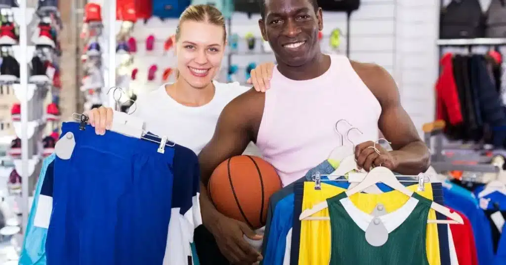 An excited couple shops for what evolved from white label sporting goods.